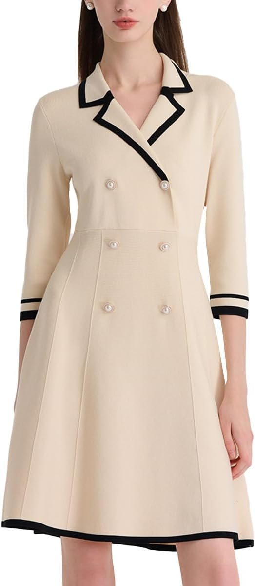 Blue Mini Sweater Dress for Women, Button up 3/4 Sleeve Knit Dresses for Teacher Work Business