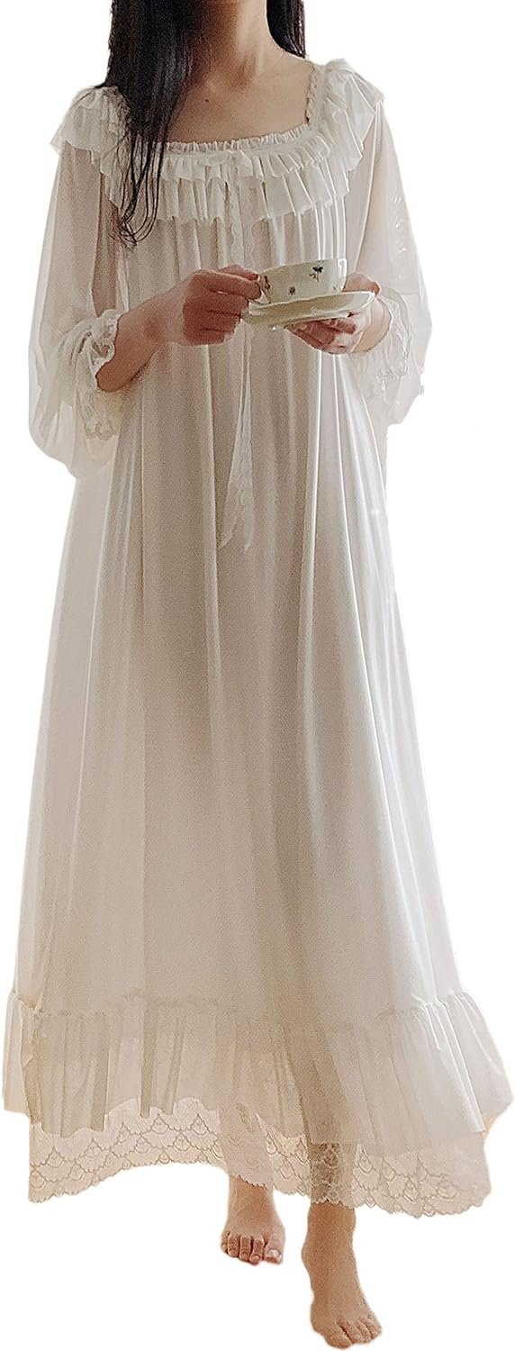 71NVraygpSS._AC_SL1500 Women's Lace Nightgown Long Sleeve Sleepwear Nightdress