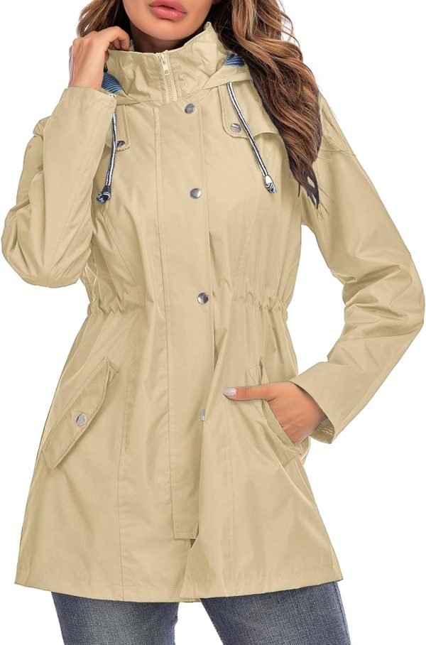Rain Jacket Women Striped Lined Hooded Lightweight Raincoat Outdoor Waterproof Windbreaker