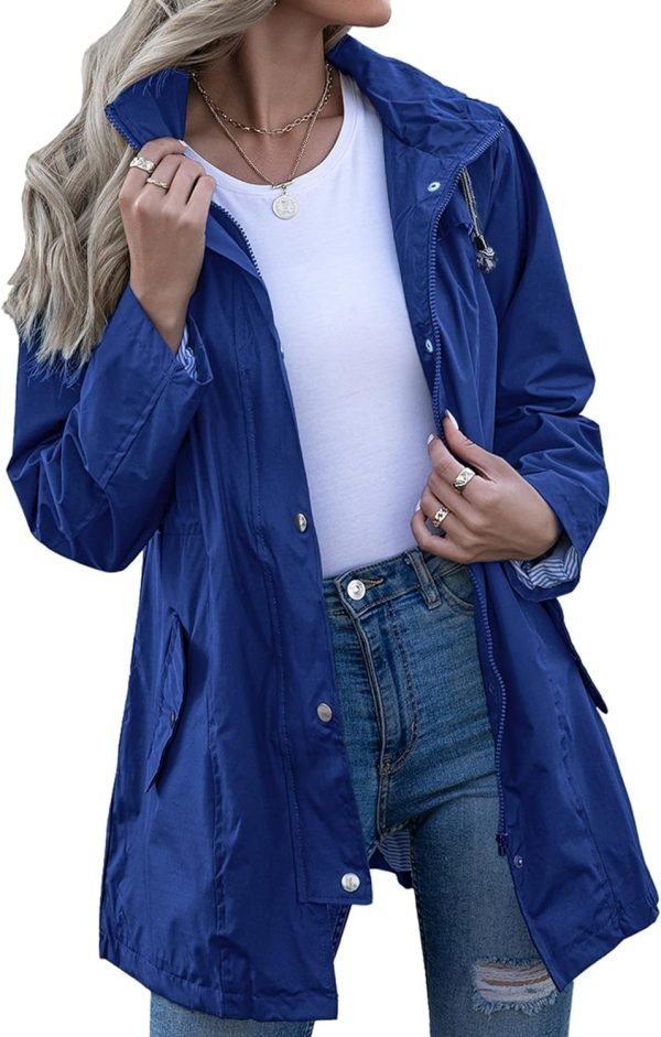 Rain Jacket Women Striped Lined Hooded Lightweight Raincoat Outdoor Waterproof Windbreaker
