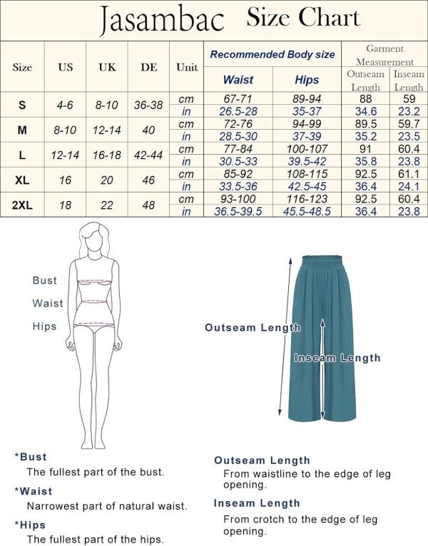 JASAMBAC Women's Capri Linen Wide Leg Pants Summer Boho Wide Leg Pants Smocked High-Rise Waist Casual Beach Pants with Pocket