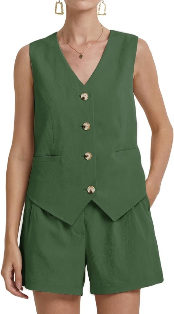 Womens Two Piece Outfits 2024 Summer Casual Sleeveless Blazer Vest Shorts Set with Pockets