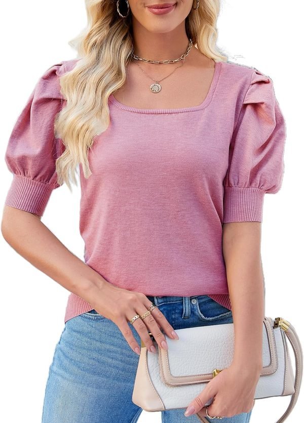 81JZw7dHXiL._AC_SL1500 Puff Short Sleeve Sweater Tops 2024 Spring Summer Trendy Square Neck Casual Pullover Sweaters T Shirts Blouses