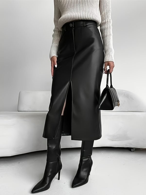 Plus Size Pu Leather Split Front Skirt, Elegant Slant Pocket Midi Skirt For Spring & Summer, Women's Plus Size Clothing