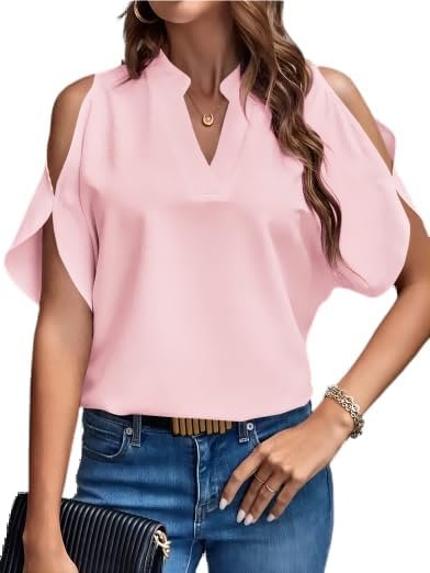 Women's Cold Shoulder Tops Summer Fashion Short Sleeve V Neck Casual Loose Solid Color Blouse Shirts