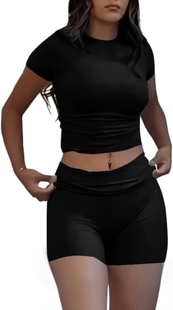 Casual Workout Two Piece Outfits for Women Short Sleeve Crop High Waist Foldover Flare Pants Tracksuit Sets Streetwear