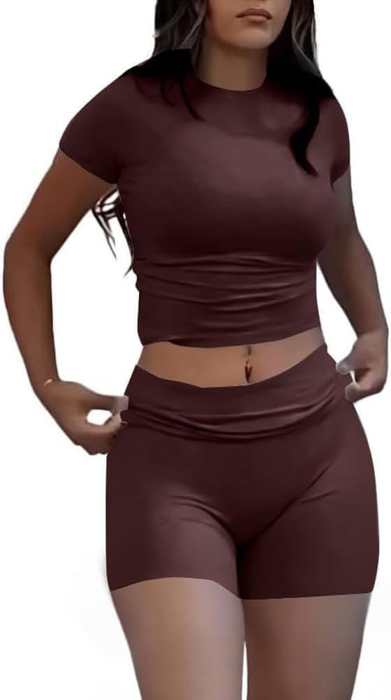 Casual Workout Two Piece Outfits for Women Short Sleeve Crop High Waist Foldover Flare Pants Tracksuit Sets Streetwear