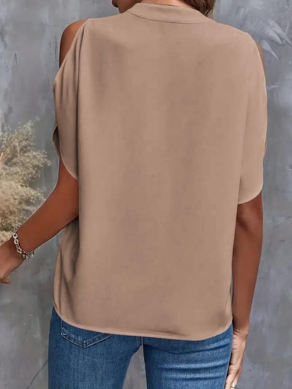 Women's Cold Shoulder Tops Summer Fashion Short Sleeve V Neck Casual Loose Solid Color Blouse Shirts