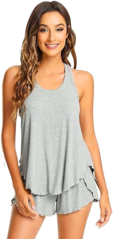 Pajamas Set for Women Viscose Made from Bamboo - Ribbed Racerback Tank Top Soft Sleepwear Pjs Shorts Nightwear Loungewear
