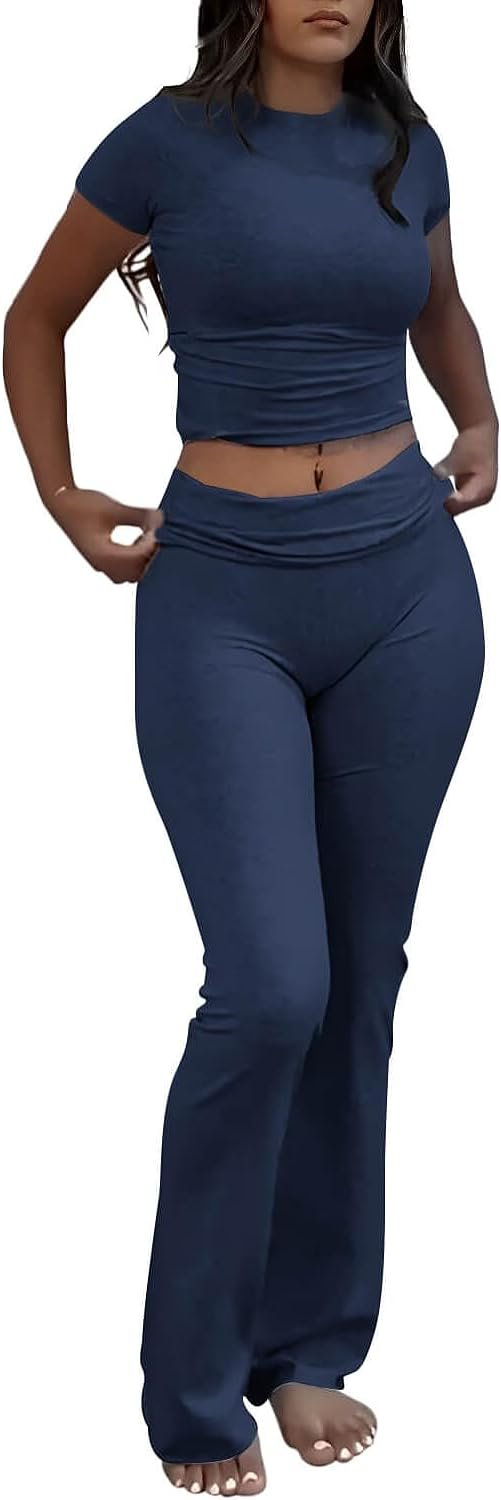 Casual Workout Two Piece Outfits for Women Short Sleeve Crop High Waist Foldover Flare Pants Tracksuit Sets Streetwear