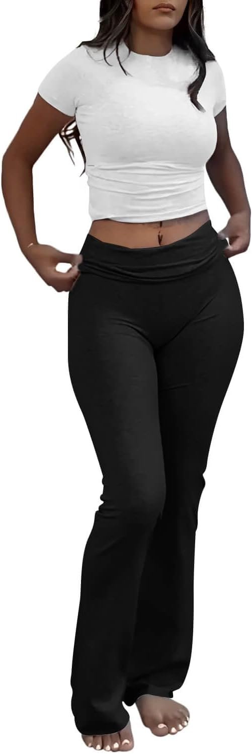 Casual Workout Two Piece Outfits for Women Short Sleeve Crop High Waist Foldover Flare Pants Tracksuit Sets Streetwear