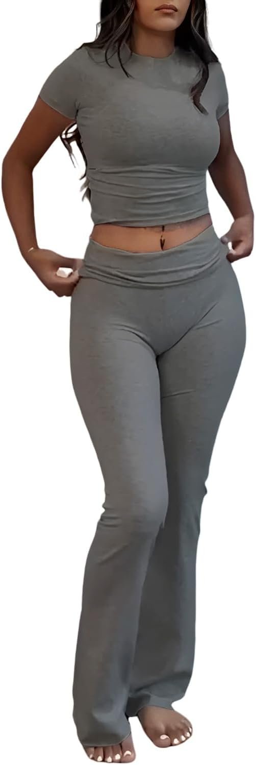 Casual Workout Two Piece Outfits for Women Short Sleeve Crop High Waist Foldover Flare Pants Tracksuit Sets Streetwear