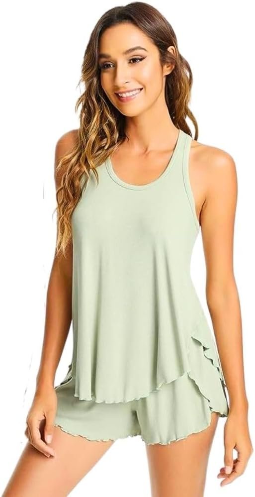 Pajamas Set for Women Viscose Made from Bamboo - Ribbed Racerback Tank Top Soft Sleepwear Pjs Shorts Nightwear Loungewear