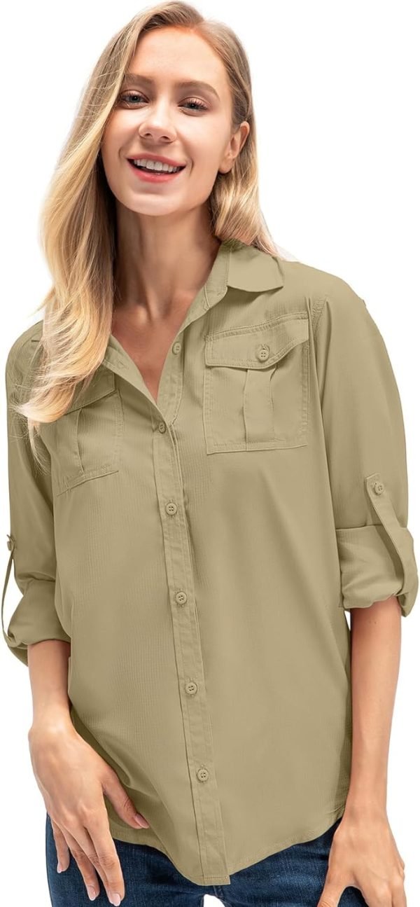 Women's Quick Dry Sun UV Protection Convertible Long Sleeve Safari Shirts for Hiking Camping Fishing Sailing