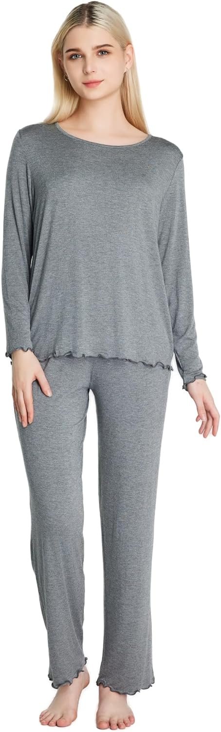 613Hv8i5NKL._AC_SL1500 Loungewear Set pajamas Womens sleepwear Bamboo Viscose Long Sleeve t shirt Long Pants Super Soft Novelty Pjs Set