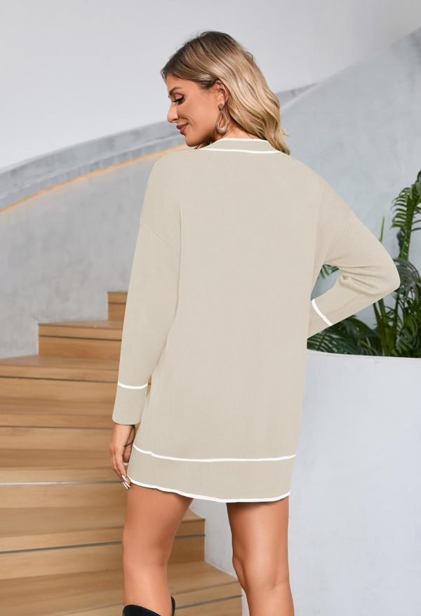 Pink Queen Women's V Neck Long Sleeve Mini Dress Elegant Button Down Open Front Color Block Knit Sweater Cardiagns with Belt