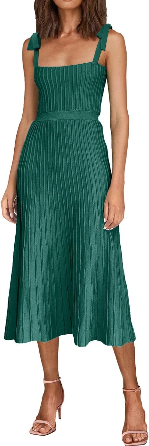 Women's 2024 Summer Maxi Dresses Tie Spaghetti Strap Square Neck Ribbed Knit Dress