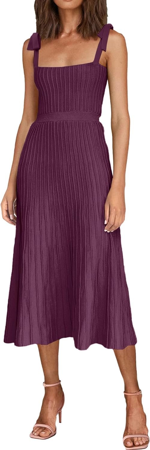 Women's 2024 Summer Maxi Dresses Tie Spaghetti Strap Square Neck Ribbed Knit Dress