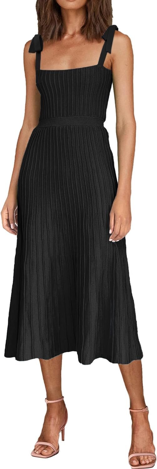 Women's 2024 Summer Maxi Dresses Tie Spaghetti Strap Square Neck Ribbed Knit Dress