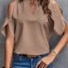 Women's Cold Shoulder Tops Summer Fashion Short Sleeve V Neck Casual Loose Solid Color Blouse Shirts