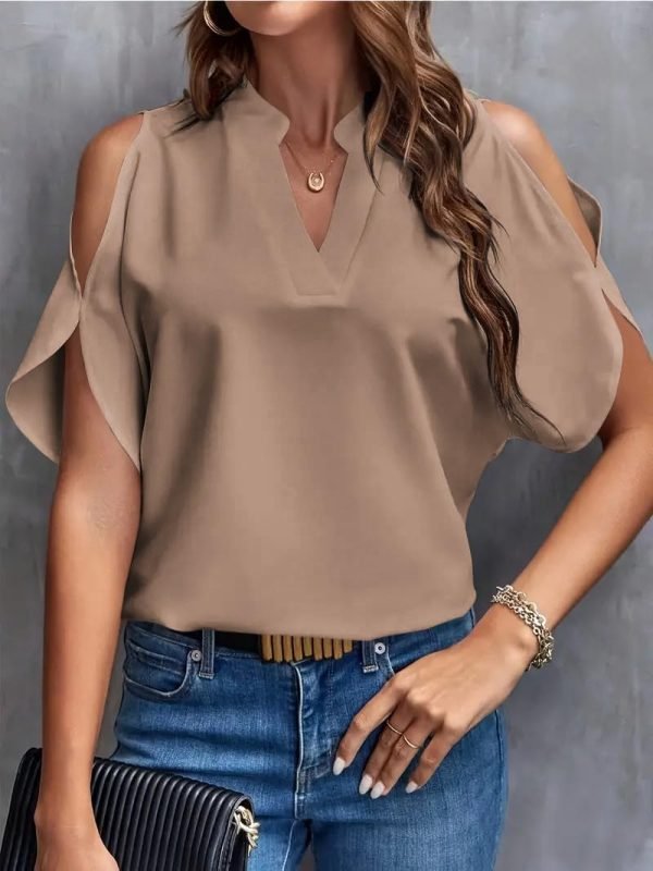 Women's Cold Shoulder Tops Summer Fashion Short Sleeve V Neck Casual Loose Solid Color Blouse Shirts
