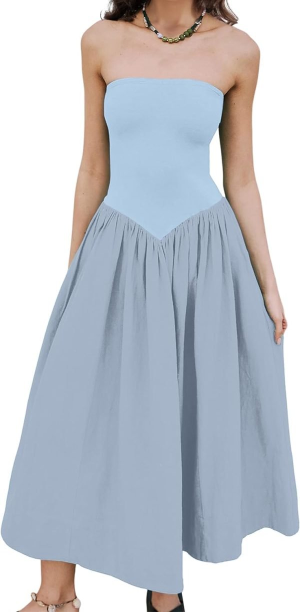 61PCtjMWgtL._AC_SL1500 Women Off Shoulder Midi Dress Strapless Sleeveless Drop-Waist A Line Tube Dress Trendy Summer Swing Patchwork Dress