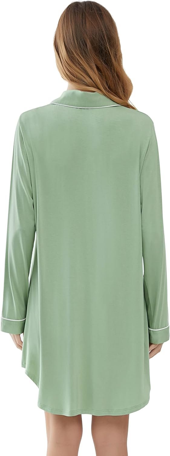 Womens Bamboo Viscose Sleep Shirt Long Sleeve Button Down Nightgowns Boyfriend Nightshirt S-XXL