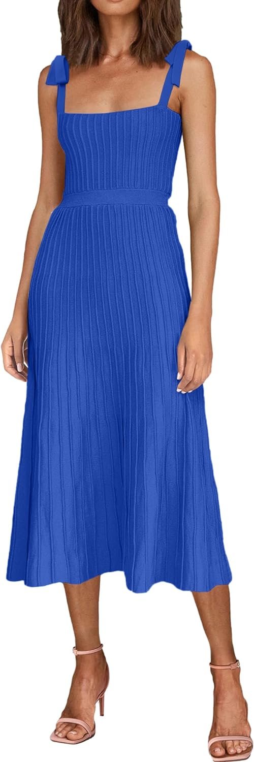 Women's 2024 Summer Maxi Dresses Tie Spaghetti Strap Square Neck Ribbed Knit Dress