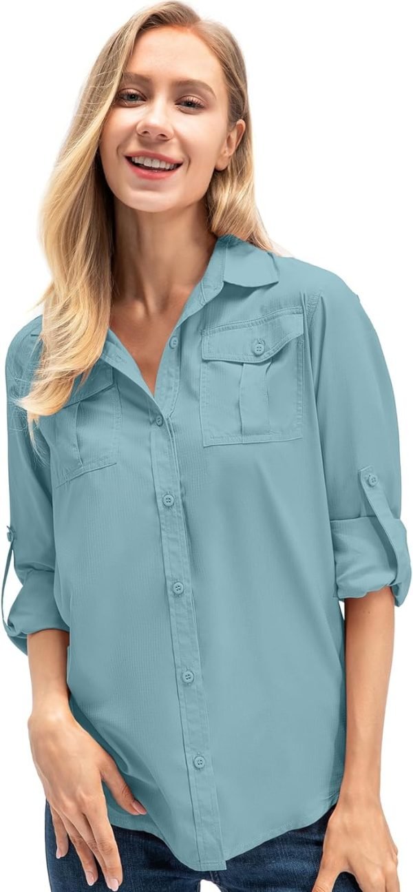 Women's Quick Dry Sun UV Protection Convertible Long Sleeve Safari Shirts for Hiking Camping Fishing Sailing