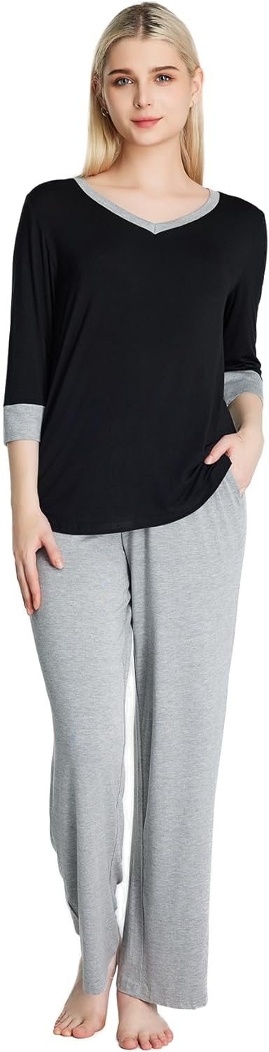 Loungewear Set pajamas Womens sleepwear Bamboo Viscose Capri Sleeve t shirt Long Pants Super Soft Novelty Pjs Set