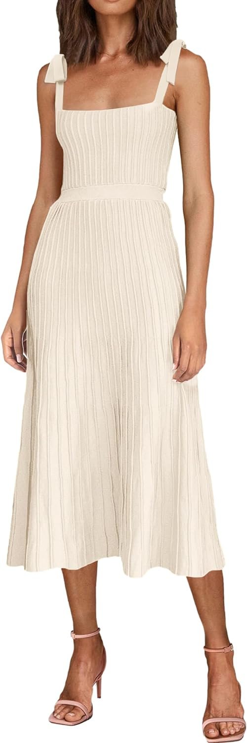 Women's 2024 Summer Maxi Dresses Tie Spaghetti Strap Square Neck Ribbed Knit Dress