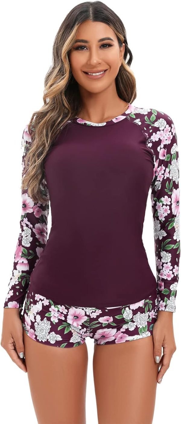 Women 2 Piece Rash Guard Long Sleeve Swimsuits Swim Shirt with Shorts Set Sun Protection UPF 50+ Surf Bathing Suits