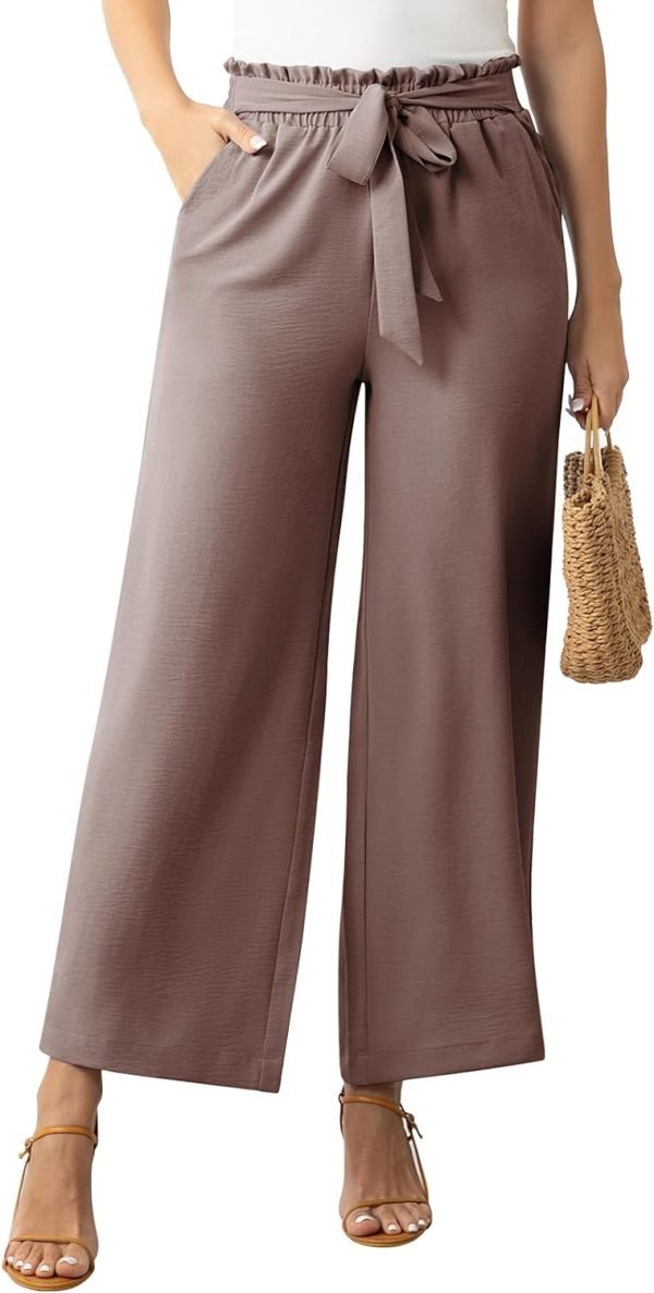Womens Wide Leg Lounge Pants High Waisted Business Work Casual Pants Adjustable Tie Knot Loose Trousers with Pocket