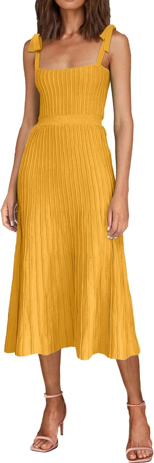 Women's 2024 Summer Maxi Dresses Tie Spaghetti Strap Square Neck Ribbed Knit Dress