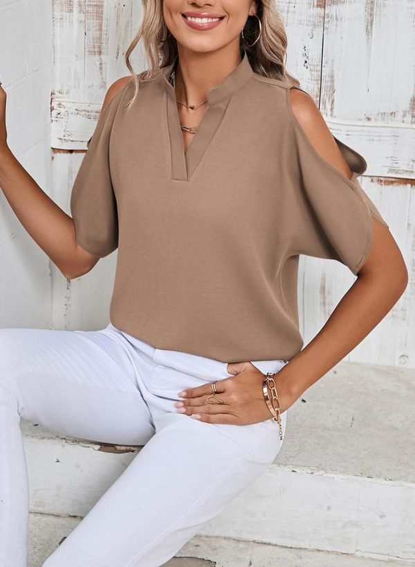 Women's Cold Shoulder Tops Summer Fashion Short Sleeve V Neck Casual Loose Solid Color Blouse Shirts