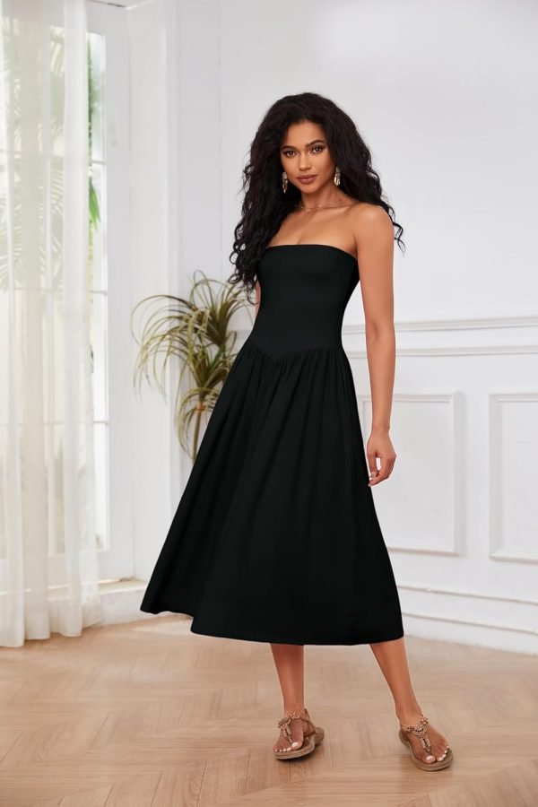 7123tL1DoBL._AC_SL1500 Women Off Shoulder Midi Dress Strapless Sleeveless Drop-Waist A Line Tube Dress Trendy Summer Swing Patchwork Dress