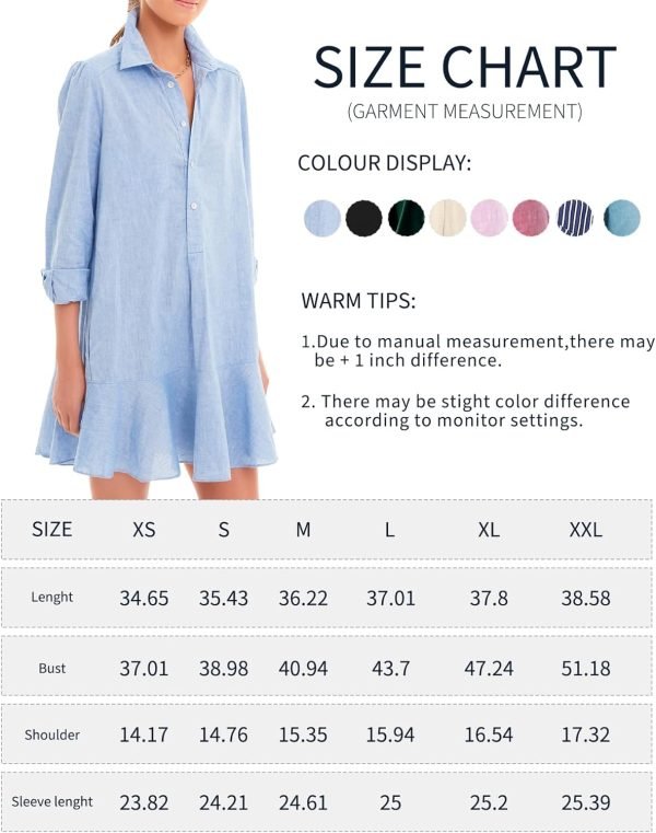 Women's Tunic Mini Shirt Dress Cotton Long Sleeve Ruffle Hem Dress Button Up Shift Chambray Dresses