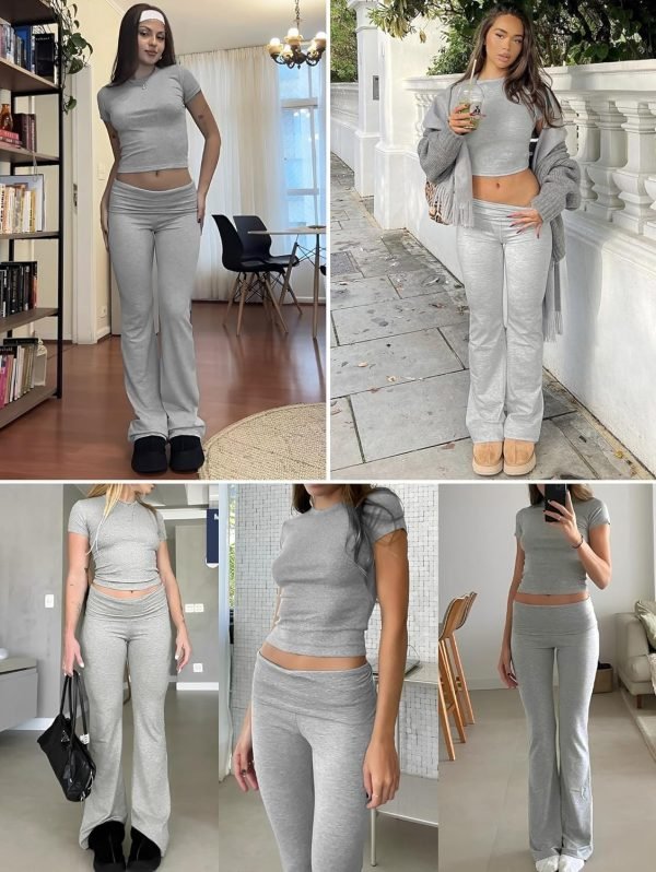 Casual Workout Two Piece Outfits for Women Short Sleeve Crop High Waist Foldover Flare Pants Tracksuit Sets Streetwear