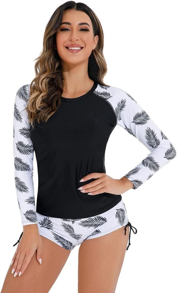 Women 2 Piece Rash Guard Long Sleeve Swimsuits Swim Shirt with Shorts Set Sun Protection UPF 50+ Surf Bathing Suits