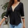 71KQptHHoRL._AC_SL1500 Women's Casual 3/4 Sleeve Shirts Lace V Neck Color Block Dressy Tops Trendy Hollow Floral Blouses T Shirts S-XXL