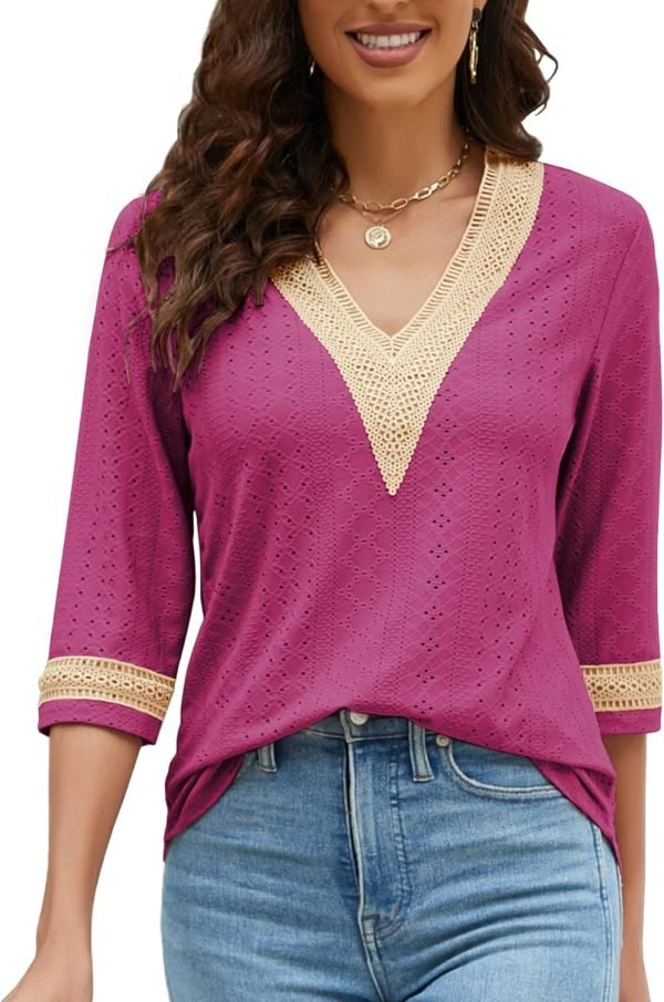 71LPKJQj-CL._AC_SL1500 Women's Casual 3/4 Sleeve Shirts Lace V Neck Color Block Dressy Tops Trendy Hollow Floral Blouses T Shirts S-XXL
