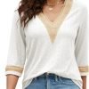71LxzXSw2vL._AC_SL1500 Women's Casual 3/4 Sleeve Shirts Lace V Neck Color Block Dressy Tops Trendy Hollow Floral Blouses T Shirts S-XXL