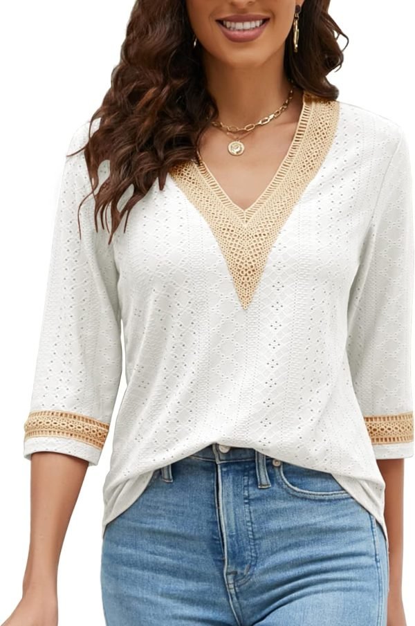 71LxzXSw2vL._AC_SL1500 Women's Casual 3/4 Sleeve Shirts Lace V Neck Color Block Dressy Tops Trendy Hollow Floral Blouses T Shirts S-XXL