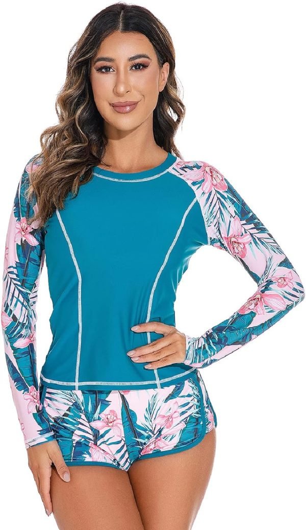 Women 2 Piece Rash Guard Long Sleeve Swimsuits Swim Shirt with Shorts Set Sun Protection UPF 50+ Surf Bathing Suits