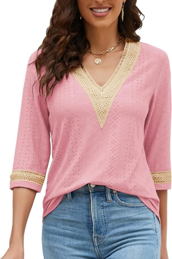 71VoOFCbUeL._AC_SL1500 Women's Casual 3/4 Sleeve Shirts Lace V Neck Color Block Dressy Tops Trendy Hollow Floral Blouses T Shirts S-XXL