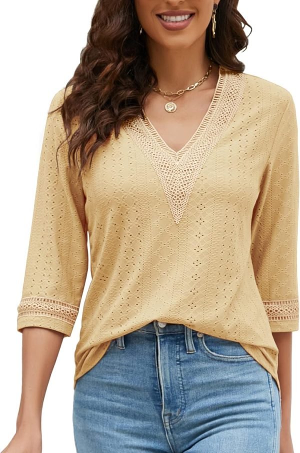 71X2jV3xr_L._AC_SL1500 Women's Casual 3/4 Sleeve Shirts Lace V Neck Color Block Dressy Tops Trendy Hollow Floral Blouses T Shirts S-XXL