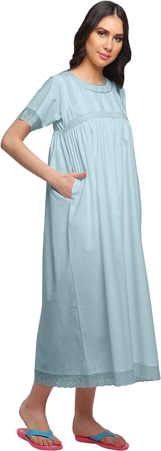 Lace Neckline Cotton Sleepwear For Ladies Womens Round Neck Nightdress