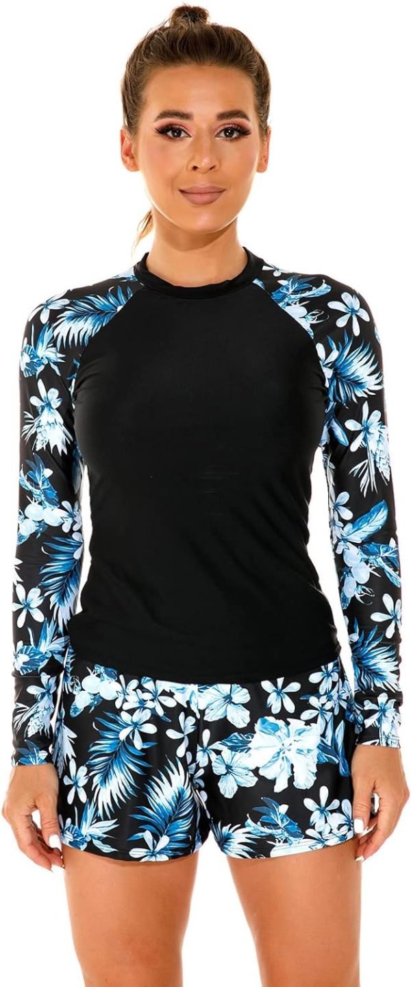 Women 2 Piece Rash Guard Long Sleeve Swimsuits Swim Shirt with Shorts Set Sun Protection UPF 50+ Surf Bathing Suits