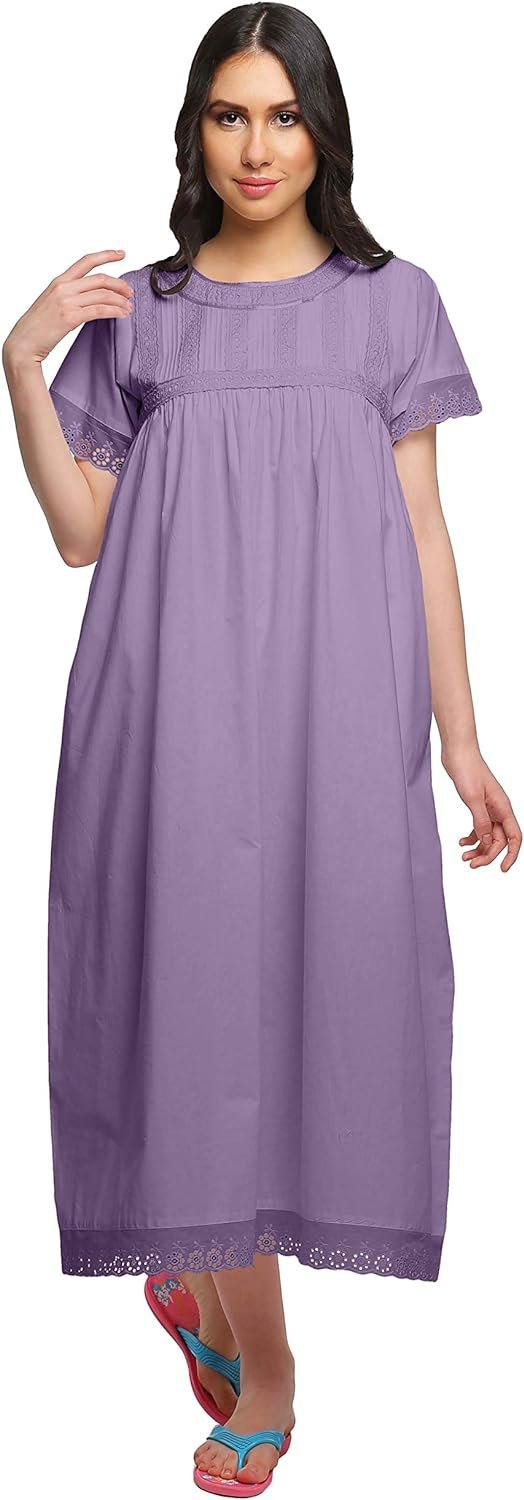 Lace Neckline Cotton Sleepwear For Ladies Womens Round Neck Nightdress