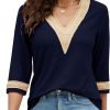 71hc2wnxE2L._AC_SL1500 Women's Casual 3/4 Sleeve Shirts Lace V Neck Color Block Dressy Tops Trendy Hollow Floral Blouses T Shirts S-XXL